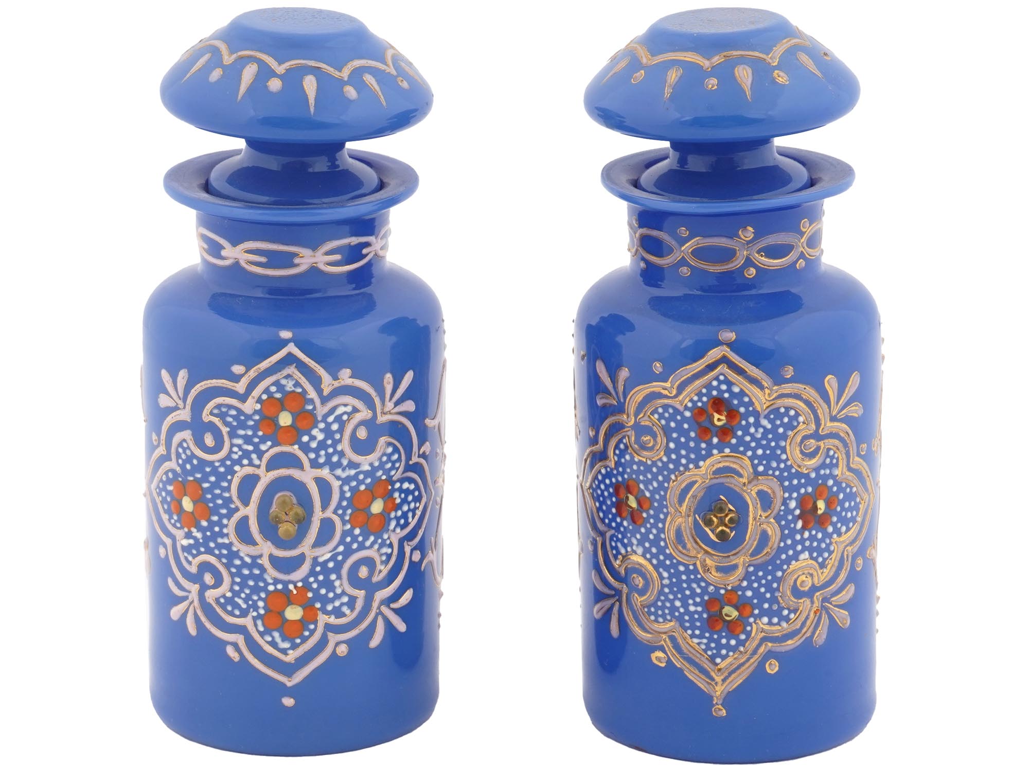 ANTIQUE BLUE OPALINE GILT ENAMEL PERFUME BOTTLES PIC-0